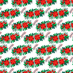 Fototapeta na wymiar vector Christmas poinsettia winter seamless pattern with floral mistletoe .