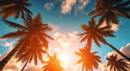beautiful palm trees sun rising up high against blue sky 