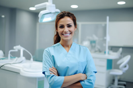 Optimistic Woman In Blue Uniform With Mask Crossing Arms And Looking At Camera With Smile While Working In Modern Office Of Dental Clinic