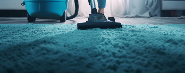 Person Using Vacuum Cleaner For Cleaning Blue Carpet At Home - obrazy, fototapety, plakaty