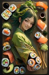 painting girl in anime style with a sushi roll. AI generated