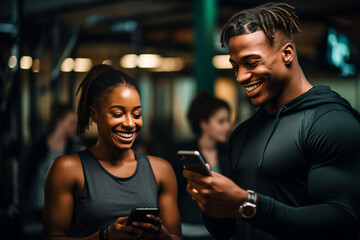 Phone, fitness and friends or athlete checking his social media after a workout or exercise at the gym, Training, mobile and health with black woman tracking their cardio progress on an internet app - obrazy, fototapety, plakaty