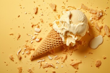 Melted ice cream and wafer cone on yellow background. Flavor snack cornet heat fresh. Generate Ai