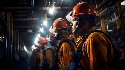 Obraz premium Safety gear in action, medium-angle shot of workers in full protective attire, with helmets, goggles, and gloves on, underscoring the priority of safety in manufacturing environments.