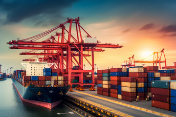 Container ships support cargo transport and import/export trade around the world through a global network. Logistics, business growth and business success concept.