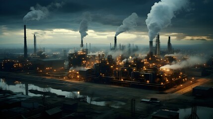 Industrial expanses, high-angle shot of sprawling industrial landscapes, with smoking chimneys and interconnected units painting a picture of manufacturing might.