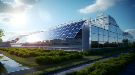 Green manufacturing in focus, wide-angle shot of a solar-powered factory exterior, with solar panels gleaming under the sun, signaling the move towards sustainable production. - obrazy, fototapety, plakaty
