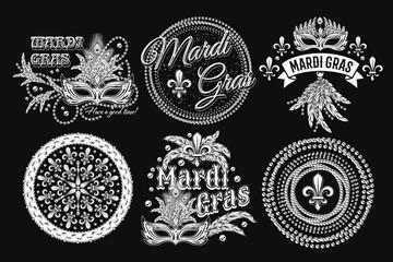 Set of 6 black and white labels with text for carnival Mardi Gras decoration in vintage style on black background. For prints, clothing, t shirt, holiday goods, stuff, surface design.