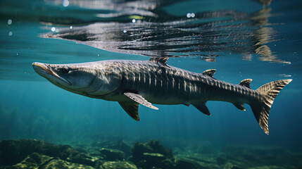 sturgeon swims in river