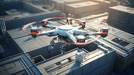 Drone surveillance overhead, bird's-eye view of a drone hovering above a factory, its camera lens focused below, reflecting tech's watchful eye over manufacturing.