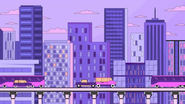 Evening traffic vehicles highway line cartoon animation. Dusk city life 4K video motion graphic. Late afternoon driving automobiles roadway skyscrapers buildings 2D linear animated cityscape