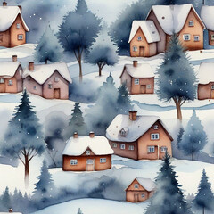 Watercolor Winter Season And Watercolor Winter House Background