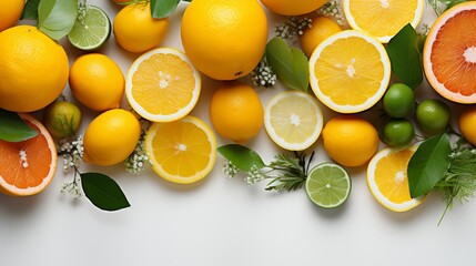 Citrus assortment of grapefruit with lemons and orange. Delicious vitamin composition of orange fruits. Healthy eating and diet food, banner on a white background. - obrazy, fototapety, plakaty