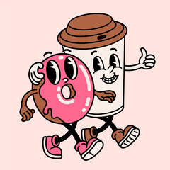 Retro style Funny cartoon donut and coffee cup. Groovy vintage 70s coffee and cookie characters walking arm in arm