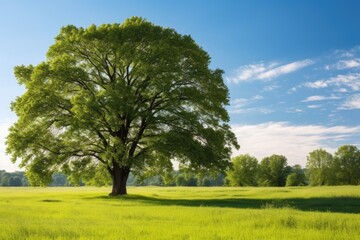 Fototapeta na wymiar a big, shady tree in a soft sunlit meadow