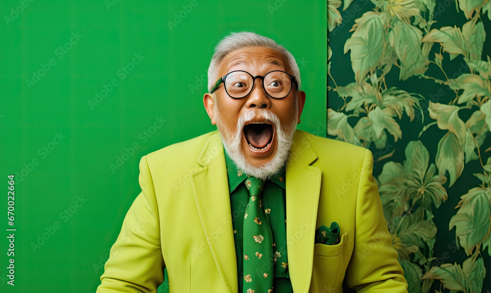 Wall mural joyful asian man laughs heartily, his vibrant green attire.