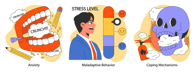 Neurosis set. Chronic stress and anxiety mental disorder. Character feeling despair, suffering from panic attack. Psychotherapy and pharmacotherapy treatment. Flat vector illustration