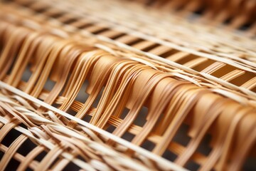 close-up of a nearly complete wicker basket on a loom