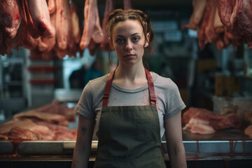 Fototapeta na wymiar Portrait of a female butcher's shop owner