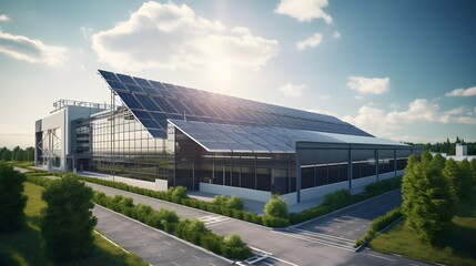 Green manufacturing in focus, wide-angle shot of a solar-powered factory exterior, with solar panels gleaming under the sun, signaling the move towards sustainable production.