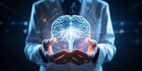 the doctor holds a projection of the human brain in his hands - obrazy, fototapety, plakaty