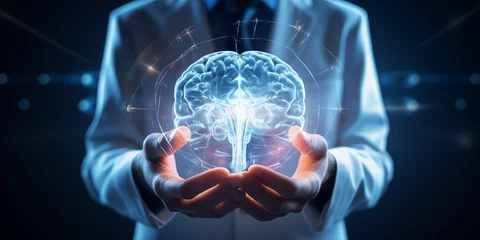 Poster the doctor holds a projection of the human brain in his hands © сергей костюченко