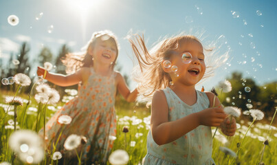 Joyful sisters chase shimmering bubbles in a vibrant field.