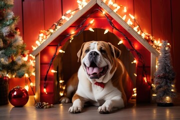 decorated doghouse with festive lights - obrazy, fototapety, plakaty