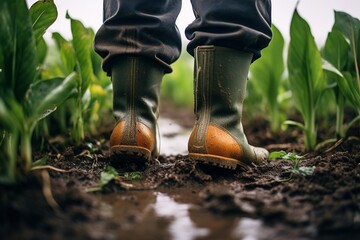 Agricultural Scene: Farmer Walking in Field with Rubber Boots