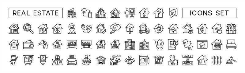 Real Estate minimal thin line web icon set. House, building, property, mortgage, home loan, rent, key, buy, sell, insurance and more for app and website. Outline icons collection. Vector illustration