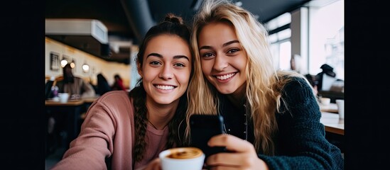Two young women one white and one black taking a selfie in a cafe using a phone
