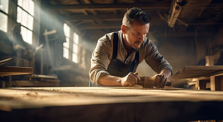 a worker is working in a wooden workshop