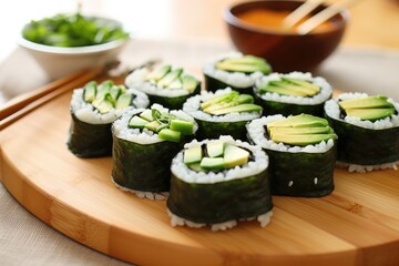 vegan sushi rolls with avocado on a bamboo mat