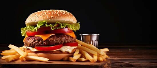 Unhealthy concept shown with delicious burger and fries on wooden table - obrazy, fototapety, plakaty