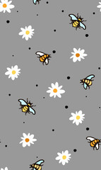 Bee and daisy hand drawn seamless pattern