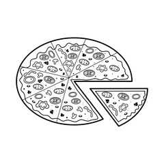 Pizza with one slice separated. Fast food linear icon. Hand drawn doodle illustration.