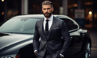 Fototapeta na wymiar Stylish businessman exudes confidence next to a sleek black car, blending power.