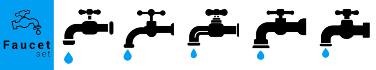 Faucet icon vector set. water tap for sink illustration sign collection. Bathroom faucet symbol flat and line style 