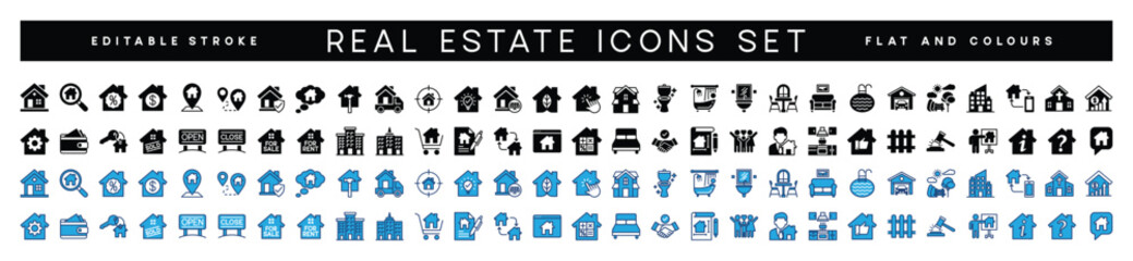 Real Estate minimal flat and colors web icon set. House, realty, property, mortgage, home loan, rent, key, buy, insurance and more for app and website. Outline icons collection. Vector illustration