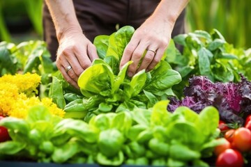 hand placing fresh basil leaves on garden salad