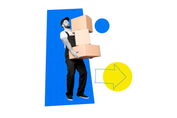 Collage picture of black white colors courier guy arms hold deliver pile stack boxes arrow pointer isolated on creative background
