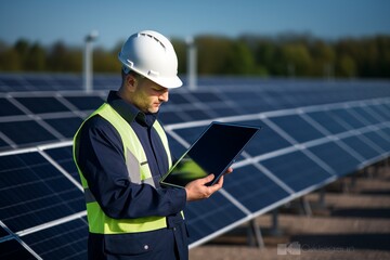 Engineer Managing Solar Panel Array Using Digital Tablet