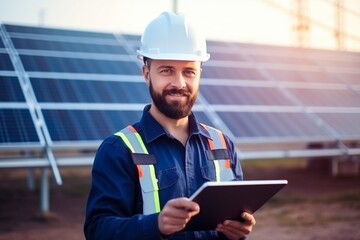 Fototapeta premium Solar Energy Technician Monitoring Solar Cell Farm with Tablet
