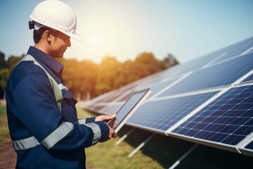 Solar Energy Technician Monitoring Solar Cell Farm with Tablet