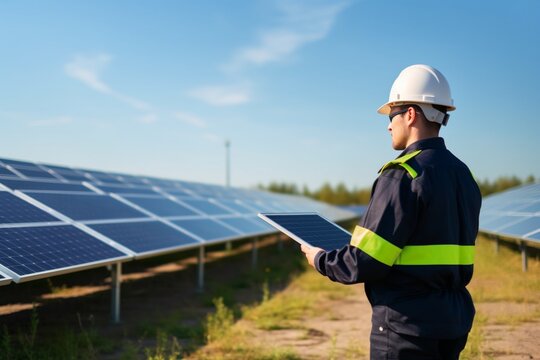 Solar Energy Technician Monitoring Solar Cell Farm with Tablet