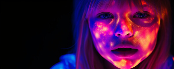 Fototapeta na wymiar Portrait of a young girls face painted with neon light