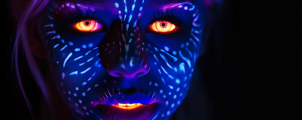 Portrait of a young girls face painted with neon light