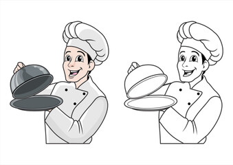 Men chef cartoon full color and black white line art vector in transparent background