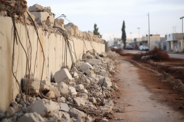 photo of a demolished boundary wall in a conflict zone