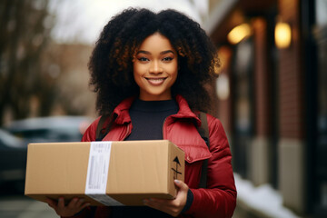 Portrait of African-American woman holding a delivery package - obrazy, fototapety, plakaty